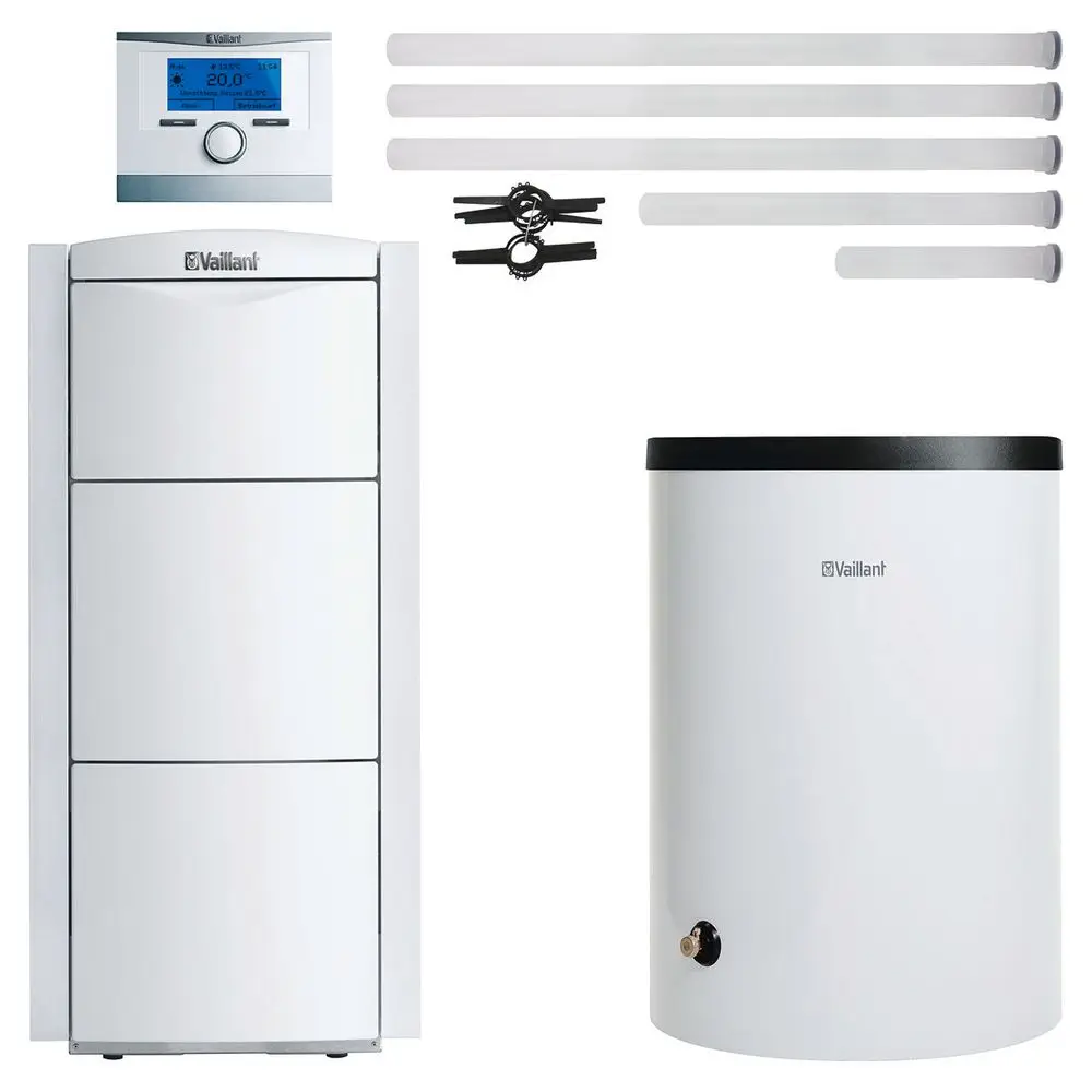 Vaillant Heizungsanlage bestehend aus einer kombinierten Einheit mit Steuerung und einem Pufferspeicher, ergänzt durch Verbindungsrohre und -klammern.